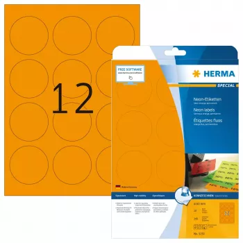 Lipnių etikečių rinkinys HERMA Neon A4 Ø 60 mm apvalios švytinčiai oranžinės
