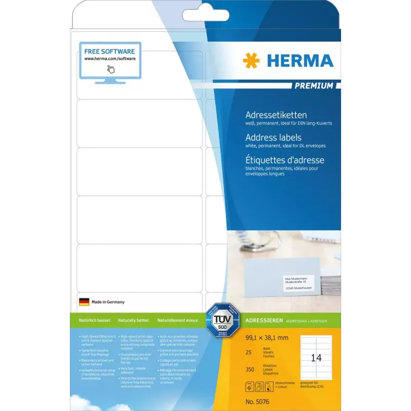 Adresų etiketės Premium HERMA 5076 A4 99,1x38,1 mm