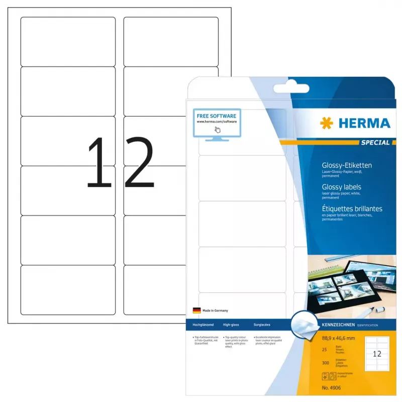 Lipnių etikečių lapai HERMA Labels A4 88,9x46,6 mm, blizgūs, 25 lapų