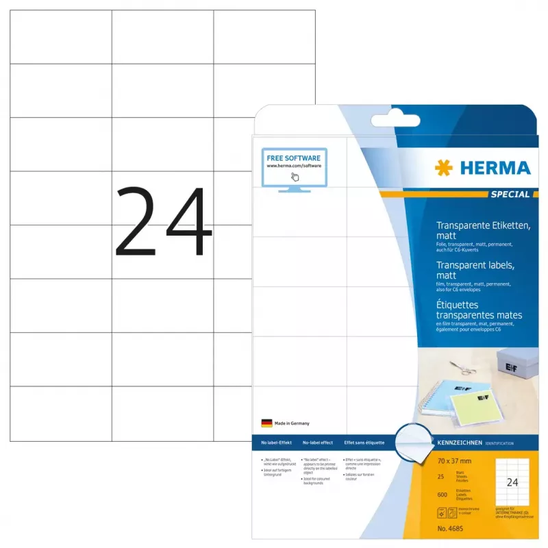 Lipnios etiketės matinės permatomos A4 HERMA 70x37 mm 600 vnt.