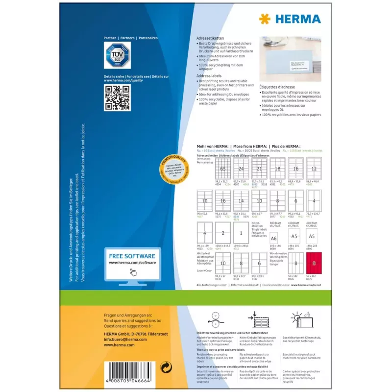 Adresų etiketės Premium HERMA A4 88,9x46,6 mm 1200 vnt.