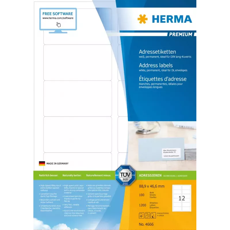 Adresų etiketės Premium HERMA A4 88,9x46,6 mm 1200 vnt.