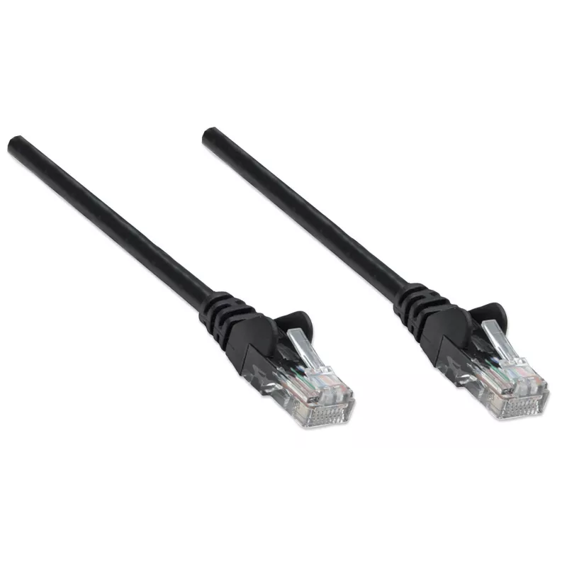 Intellinet tinklo jungiamasis kabelis, Cat5e, 0,25 m, juodas, CCA, U/UTP, PVC, RJ45, paauksuoti kontaktai, apsaugotas nuo užsikabinimo, su gaubtu, viso gyvenimo garantija