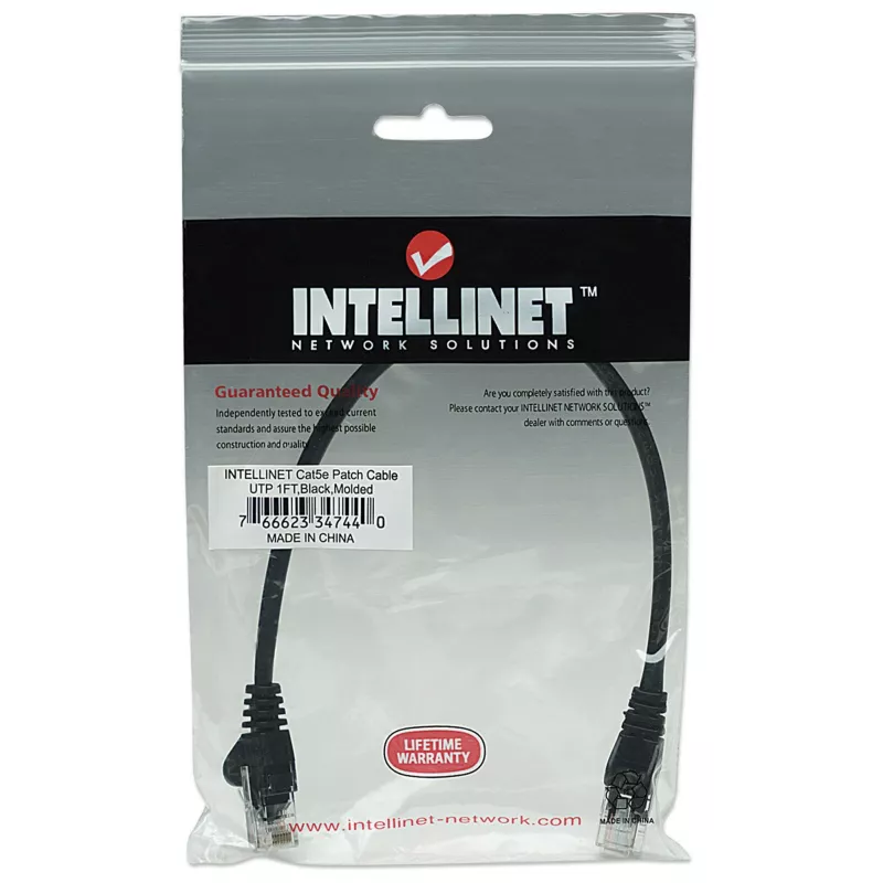 Intellinet tinklo jungiamasis kabelis, Cat5e, 0,25 m, juodas, CCA, U/UTP, PVC, RJ45, paauksuoti kontaktai, apsaugotas nuo užsikabinimo, su gaubtu, viso gyvenimo garantija
