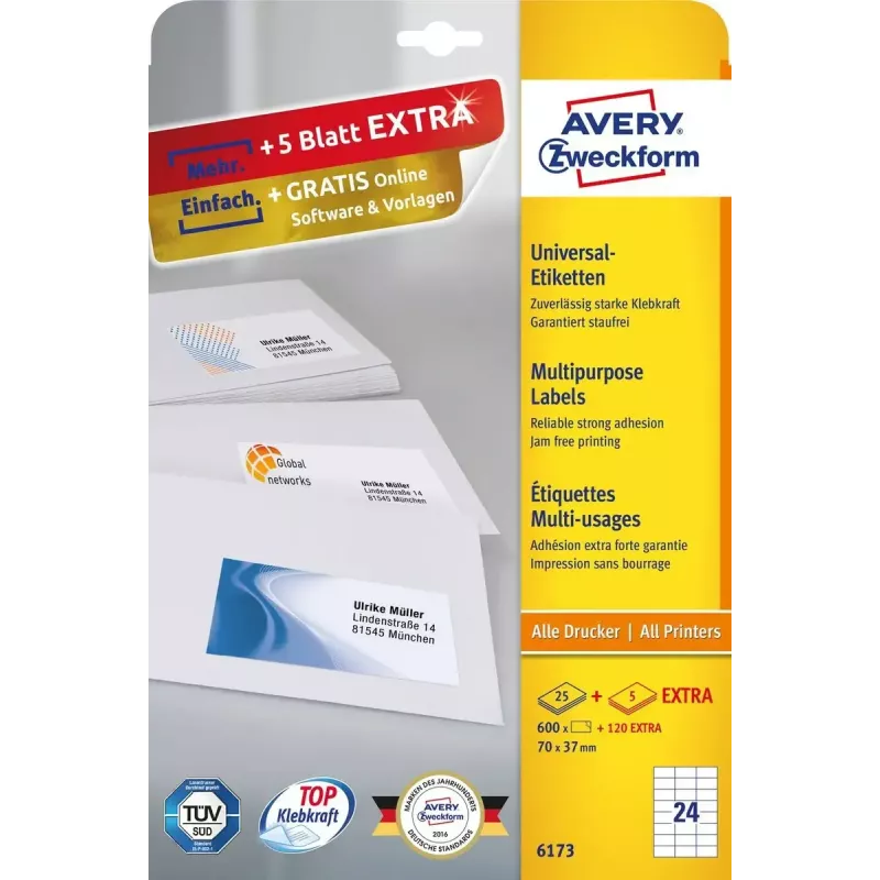 Lipnios etiketės Avery Zweckform 6173 stačiakampės, nuolatinės, baltos – 720 vnt.