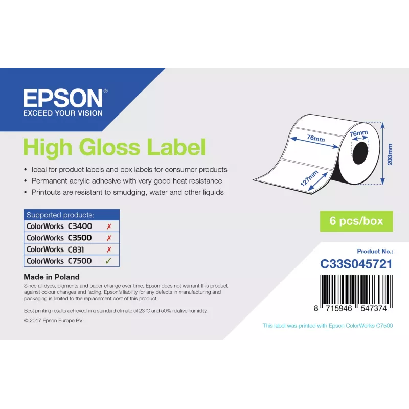 Epson High Gloss Label - Die-cut Roll: 76 mm x 127 mm, 960 etikečių