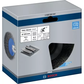Priešpoliravimo šepetys Bosch Clean for Metal kūginis su raukšlėta viela, 100 mm