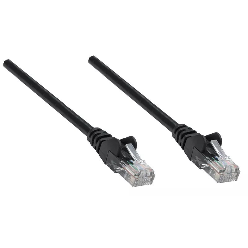 Intellinet tinklo jungiamasis laidas, Cat6, 1 m, juodas, varis, U/UTP, PVC, RJ45, paauksuoti kontaktai, su apsauga nuo užkabinimo, su gaubtu, viso gyvenimo garantija