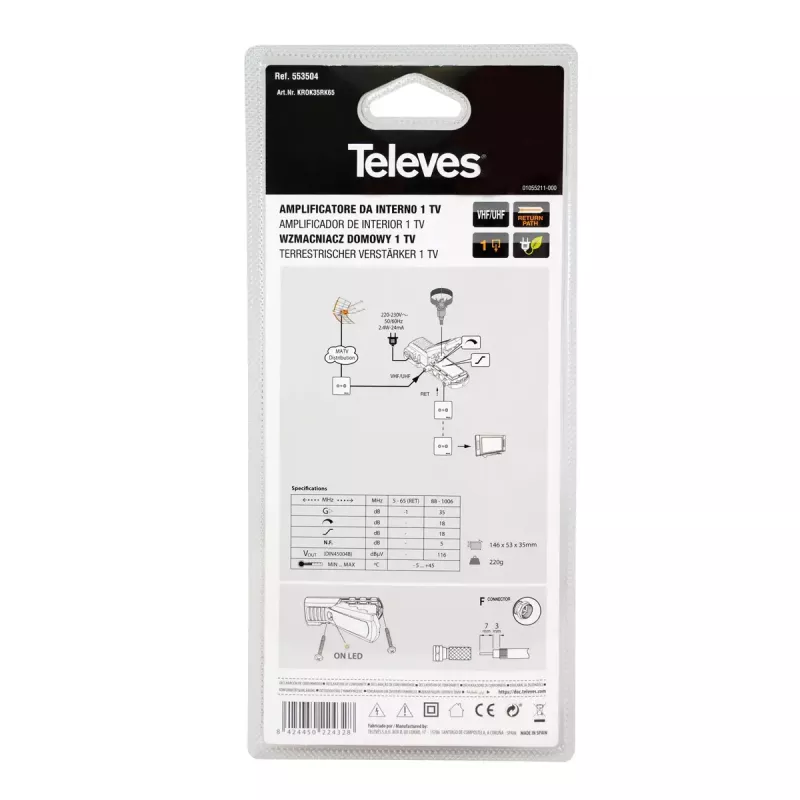 Televizinio signalo stiprintuvas Televes 553504 88–1006 MHz F jungtis AC 220–230 V