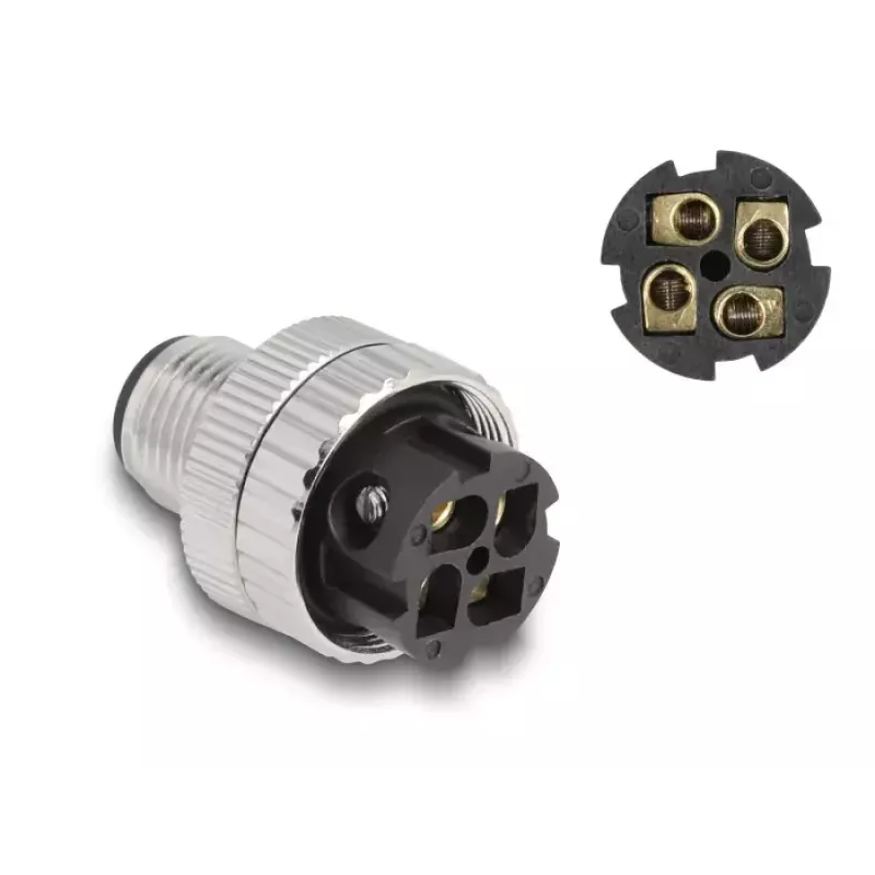 DeLOCK M12 jungtis A-koduotas 4 kontaktų kištukas 90° lenktas metalinis