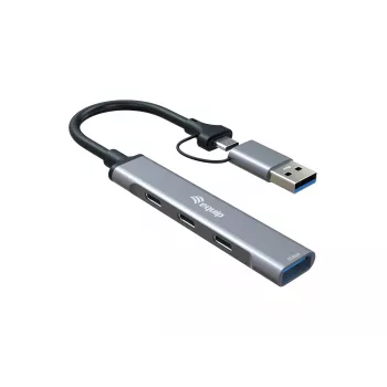 USB 3.2 Gen 1 4 prievadų šakotuvas EQUIP — 3× USB‑C + 1× USB‑A, 5 Gbit/s, aliuminis, pilkas