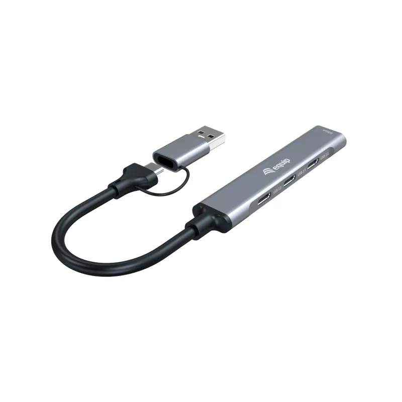 USB 3.2 Gen 1 4 prievadų šakotuvas EQUIP — 3× USB‑C + 1× USB‑A, 5 Gbit/s, aliuminis, pilkas