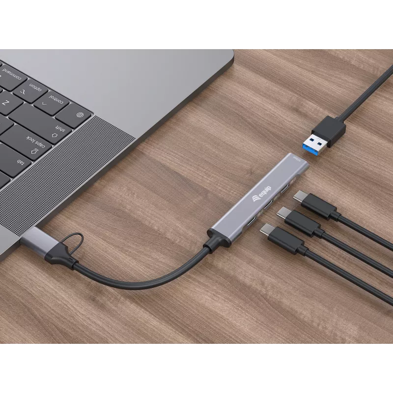 USB 3.2 Gen 1 4 prievadų šakotuvas EQUIP — 3× USB‑C + 1× USB‑A, 5 Gbit/s, aliuminis, pilkas