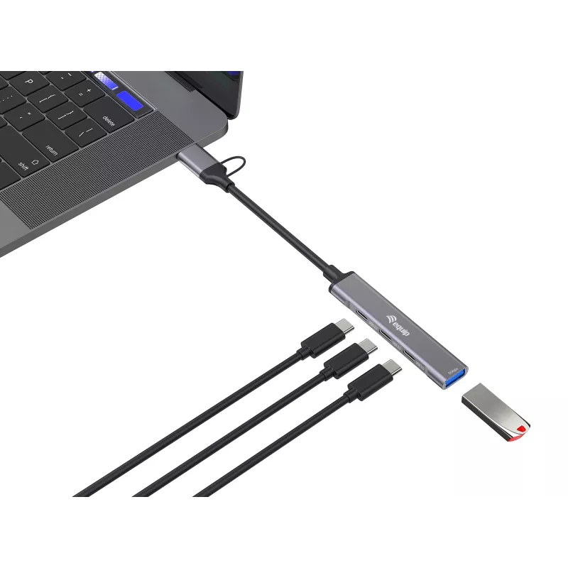 USB 3.2 Gen 1 4 prievadų šakotuvas EQUIP — 3× USB‑C + 1× USB‑A, 5 Gbit/s, aliuminis, pilkas