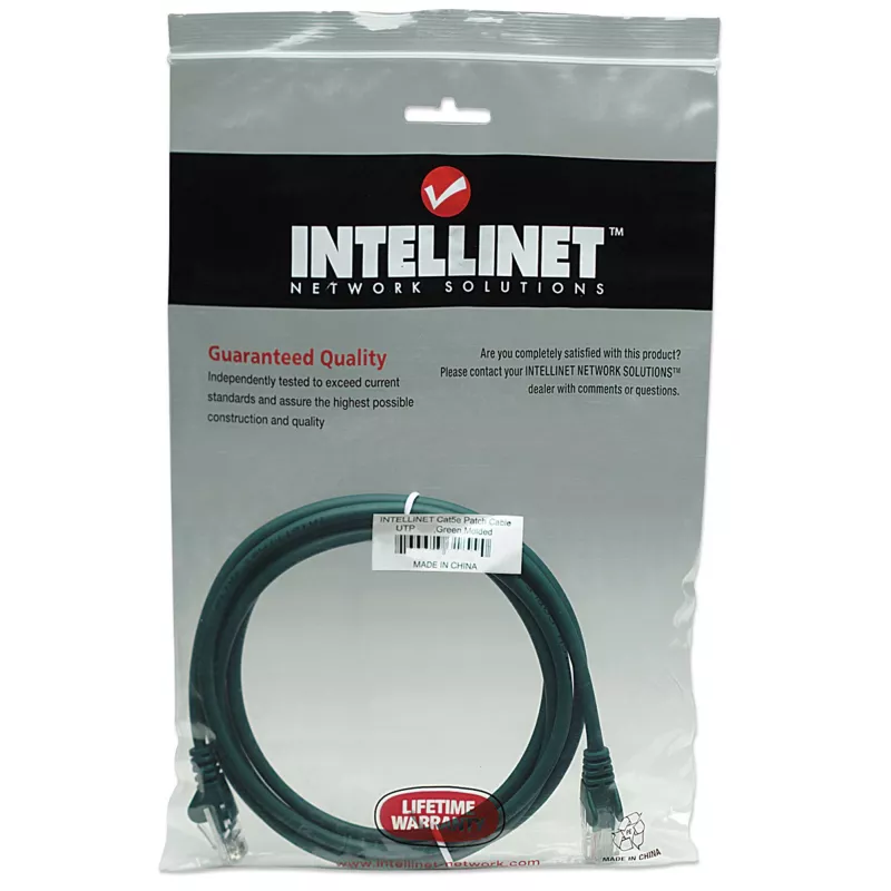 Intellinet tinklo jungiamasis kabelis, Cat5e, 15 m, žalias, CCA, U/UTP, PVC, RJ45, auksu dengti kontaktai, apsaugotas nuo užkliuvimo, su gaubtuku, viso gyvenimo garantija
