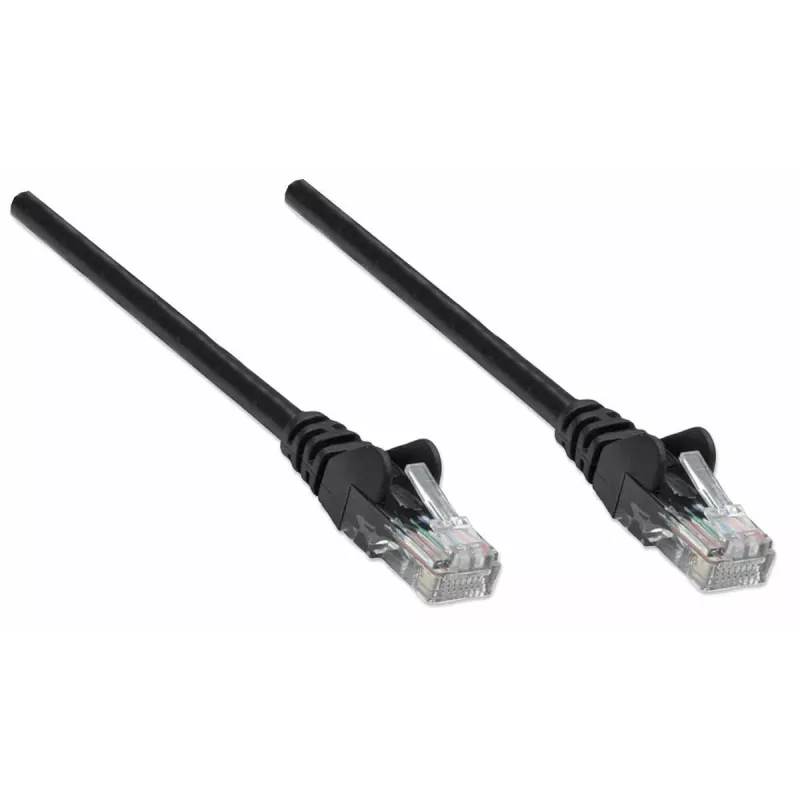Intellinet tinklo jungiamasis kabelis, Cat5e, 15 m, juodas, CCA, U/UTP, PVC, RJ45, auksuoti kontaktai, apsaugotas nuo užkliuvimo, su gaubtu, viso gyvenimo garantija