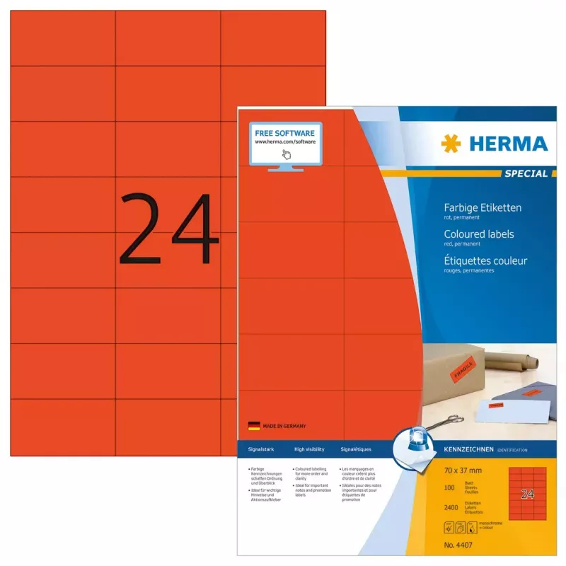 Lipnios etiketės HERMA Spalvotos A4 70x37 mm raudonos matinio popieriaus 2400 vnt.