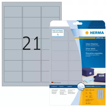 Lipnių etikečių lapai HERMA Labels A4 63,5x38,1 mm sidabrinė blizgi plėvelė