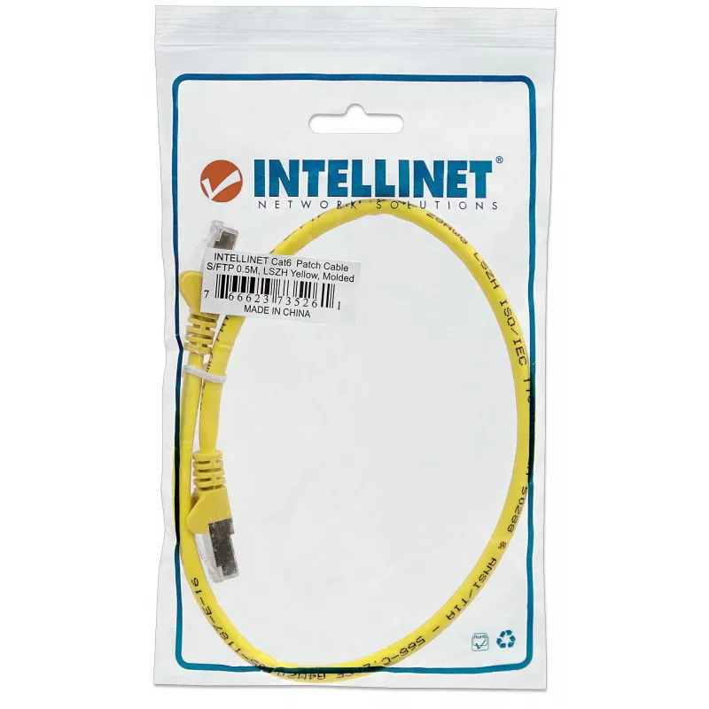 Intellinet tinklo jungiamasis laidas, Cat6A, 10 m, geltonas, varinis, S/FTP, LSOH / LSZH, PVC, RJ45, auksuoti kontaktai, su apsauga nuo užkliuvimo, su gaubtu, viso gyvenimo garantija