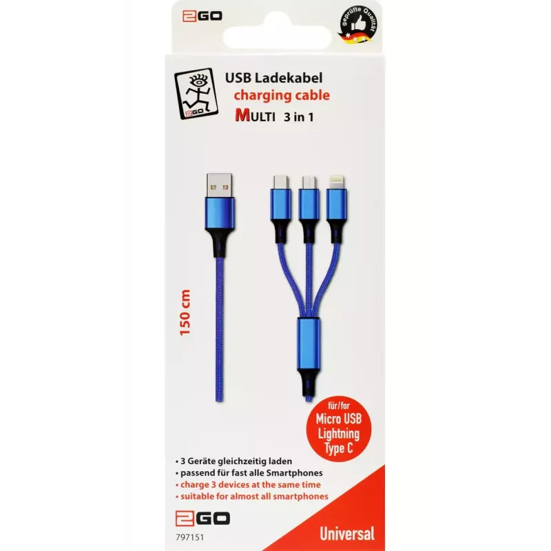 USB laidas 2GO 797151 1,5 m USB B USB-C/Micro-USB B/Lightning juodas mėlynas