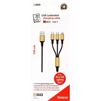 USB laidas 2GO 797152 3 m USB B / USB-C / Micro-USB B / Lightning juodas auksinis