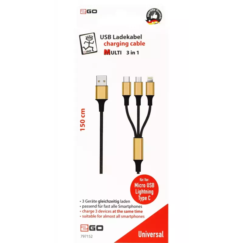 USB laidas 2GO 797152 3 m USB B / USB-C / Micro-USB B / Lightning juodas auksinis