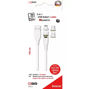 USB laidas 2GO 797317 1m USB B USB C/Micro-USB B/Lightning Baltas