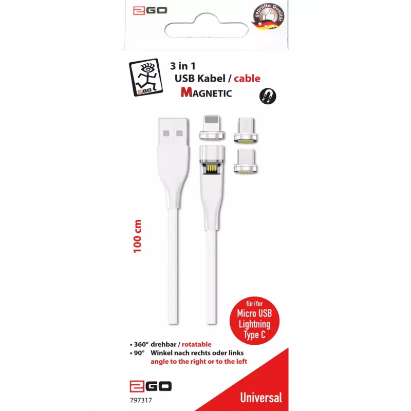 USB laidas 2GO 797317 1m USB B USB C/Micro-USB B/Lightning Baltas
