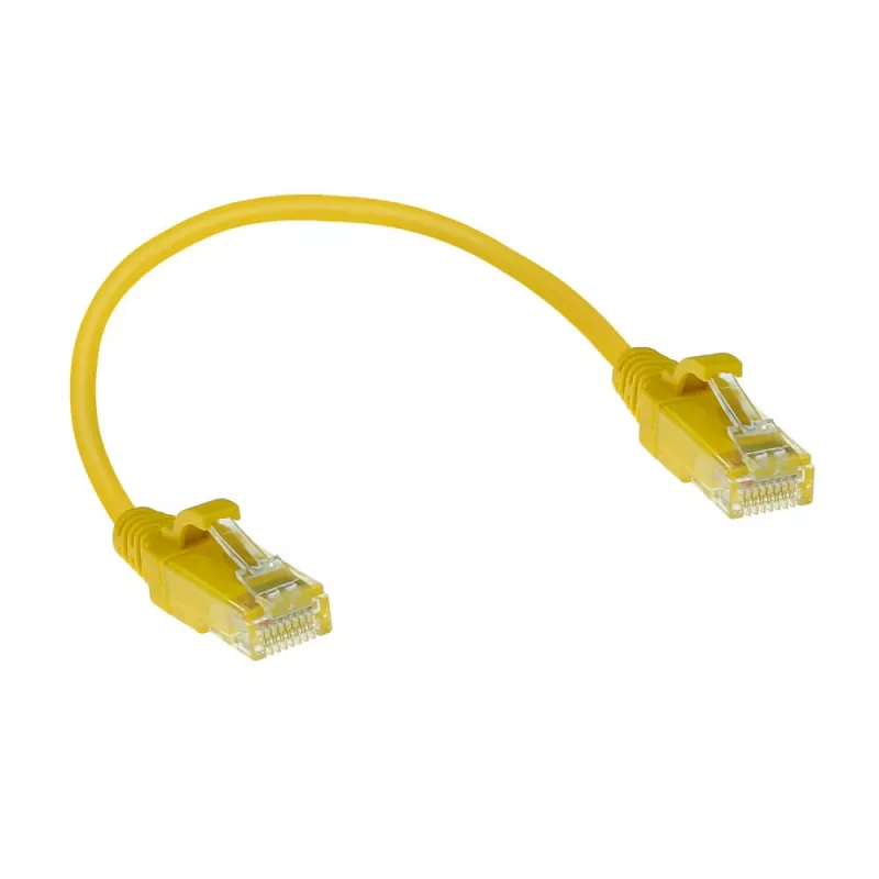 ACT geltonas 0,15 m LSZH U/UTP CAT6 duomenų centro plonas šuolinis kabelis su apsauga nuo užkabinimo ir RJ45 jungtimis