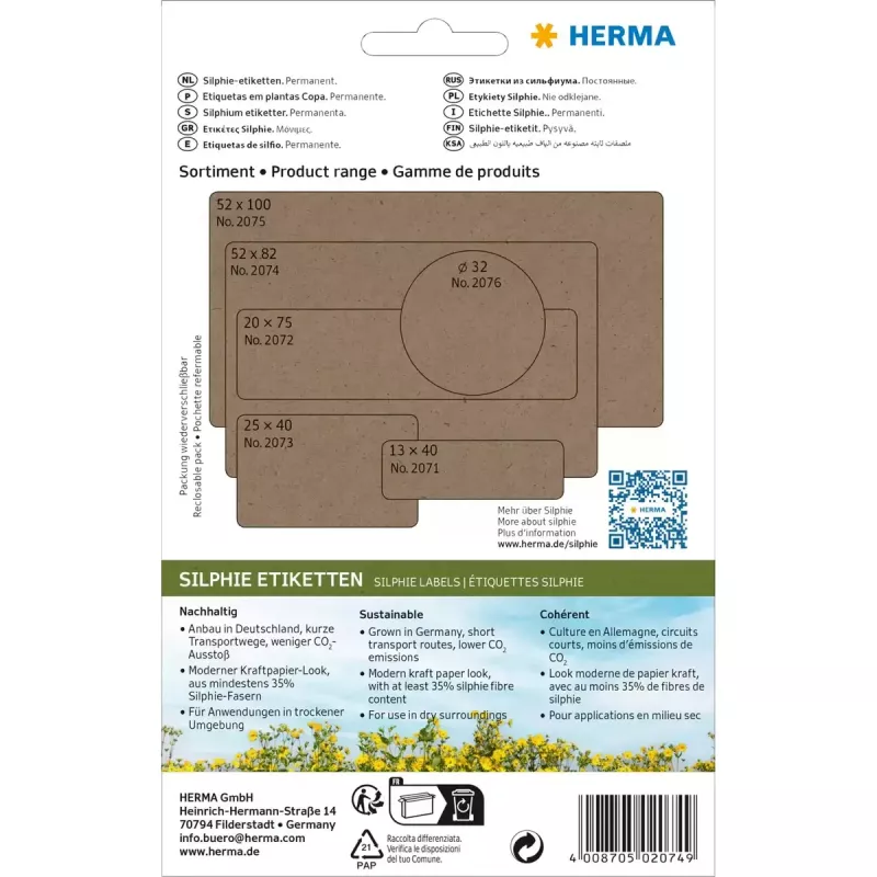 HERMA 2074 universalios etiketės Silphie, 52x82 mm, 24 lapai, biuro pakuotė