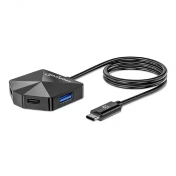 Manhattan USB-C ir USB-A 4 prievadų jungiklis / stotelė, 2x USB-A, 2x USB-C, 5 Gbps, kampuoti prievadai, maitinamas per USB