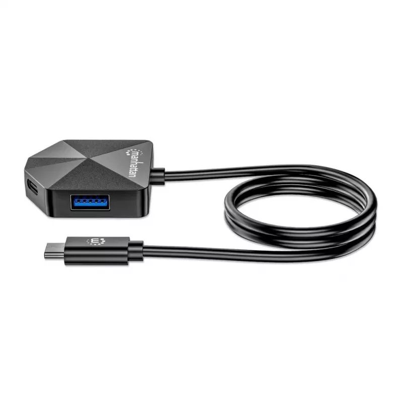Manhattan USB-C ir USB-A 4 prievadų jungiklis / stotelė, 2x USB-A, 2x USB-C, 5 Gbps, kampuoti prievadai, maitinamas per USB
