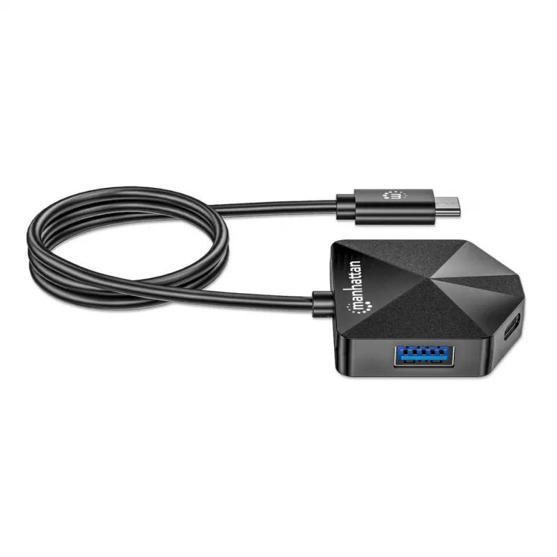 Manhattan USB-C ir USB-A 4 prievadų jungiklis / stotelė, 2x USB-A, 2x USB-C, 5 Gbps, kampuoti prievadai, maitinamas per USB