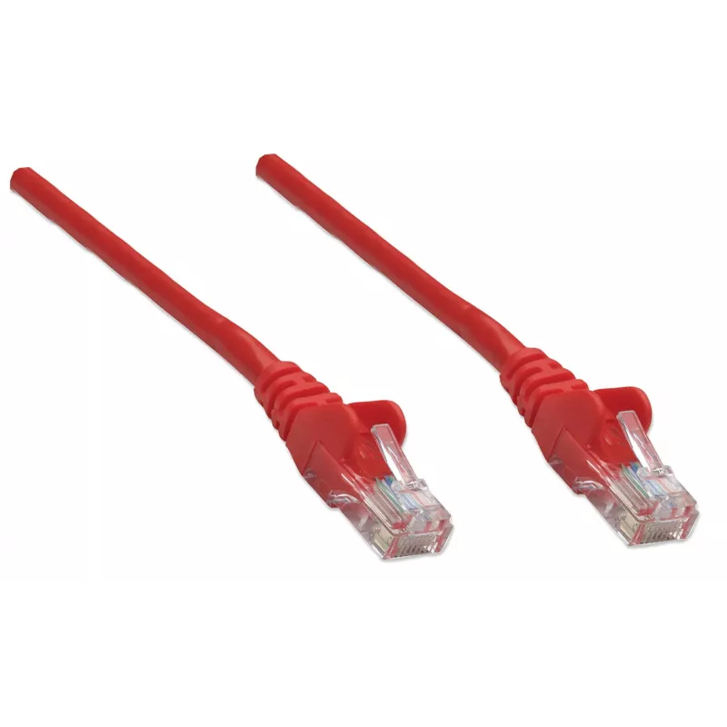 Intellinet tinklo jungiamasis kabelis, Cat5e, 7,5 m, raudonas, CCA, U/UTP, PVC, RJ45, auksuoti kontaktai, be užkliuvimo, su apsauginiu gaubteliu, viso gyvenimo garantija