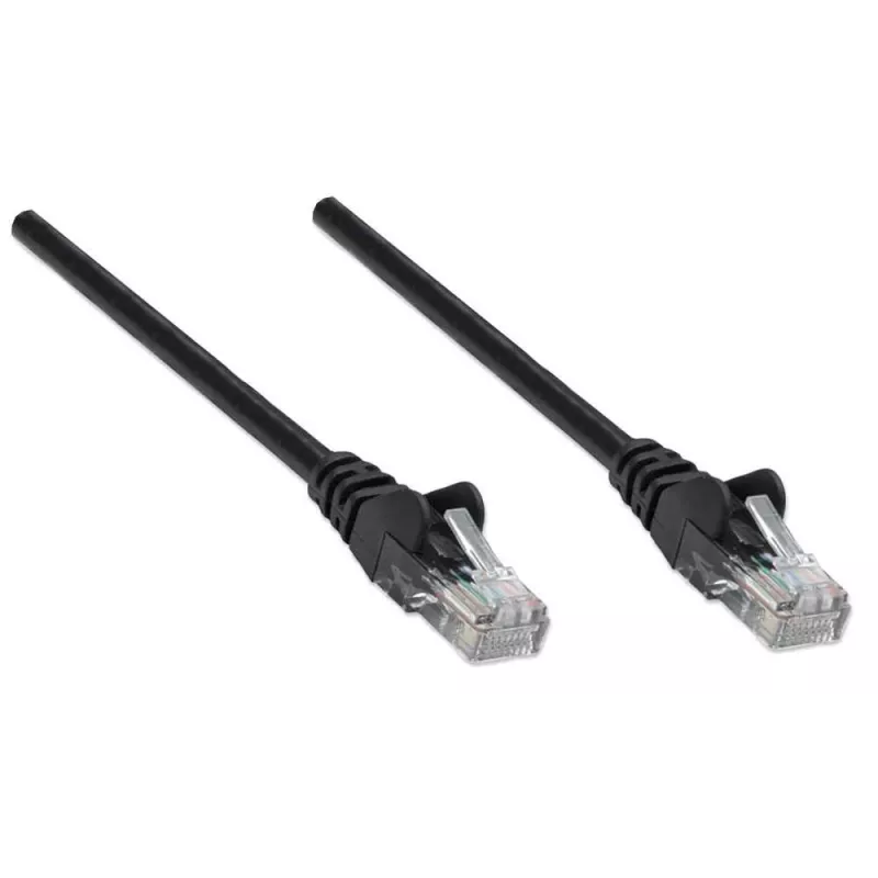 Intellinet tinklo jungiamasis kabelis, Cat5e, 7,5 m, juodas, CCA, U/UTP, PVC, RJ45, auksuoti kontaktai, apsaugotas nuo užkabinimo, su gaubtuku, viso gyvenimo garantija
