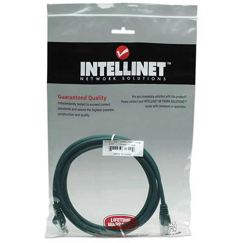 Intellinet tinklo jungiamasis laidas Cat5e, 7,5 m, žalias, CCA, U/UTP, PVC, RJ45, auksuoti kontaktai, be užkabinimo, su gaubtu, viso naudojimo garantija