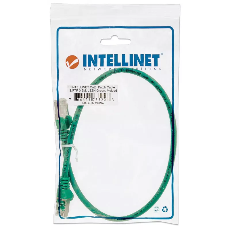 Intellinet tinklo jungiamasis kabelis, Cat5e, 3 m, žalias, CCA, SF/UTP, PVC, RJ45, auksuoti kontaktai, su apsauga nuo užkabėjimo, su batu, viso gyvenimo garantija