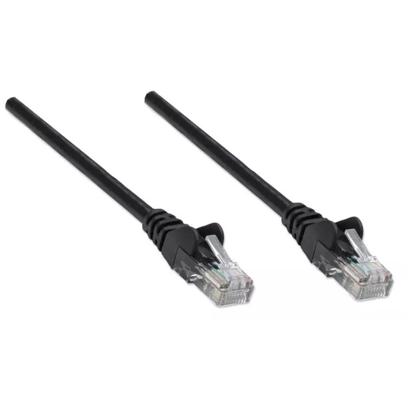 Intellinet tinklo jungiamasis laidas, Cat5e, 5 m, juodas, CCA, U/UTP, PVC, RJ45, auksuoti kontaktai, apsaugotas nuo užkliuvimo, su gaubtu, garantija visam laikui
