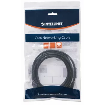 Intellinet tinklo jungiamasis kabelis, Cat6, 2 m, juodas, CCA, U/UTP, PVC, RJ45, paauksuoti kontaktai, apsaugotas nuo užkliuvimo, su gaubtuku, viso gyvenimo garantija