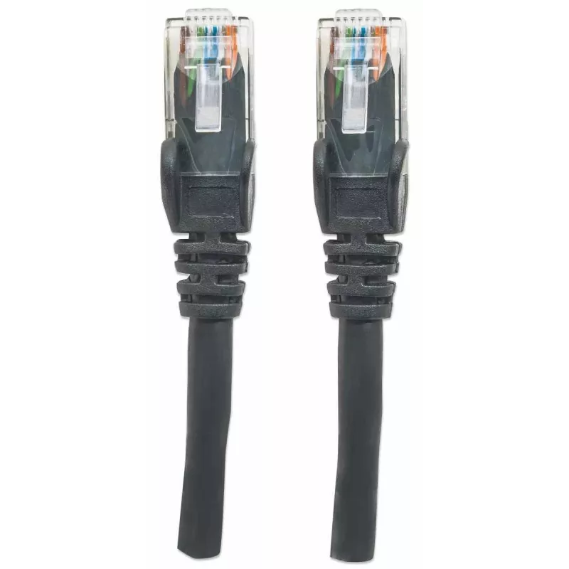 Intellinet tinklo jungiamasis kabelis, Cat6, 2 m, juodas, CCA, U/UTP, PVC, RJ45, paauksuoti kontaktai, apsaugotas nuo užkliuvimo, su gaubtuku, viso gyvenimo garantija
