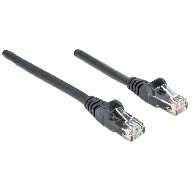 Intellinet tinklo jungiamasis kabelis, Cat6, 1,5 m, juodas, CCA, U/UTP, PVC, RJ45, auksuoti kontaktai, su apsauga nuo užkliuvimo, su batu, garantija visam laikui