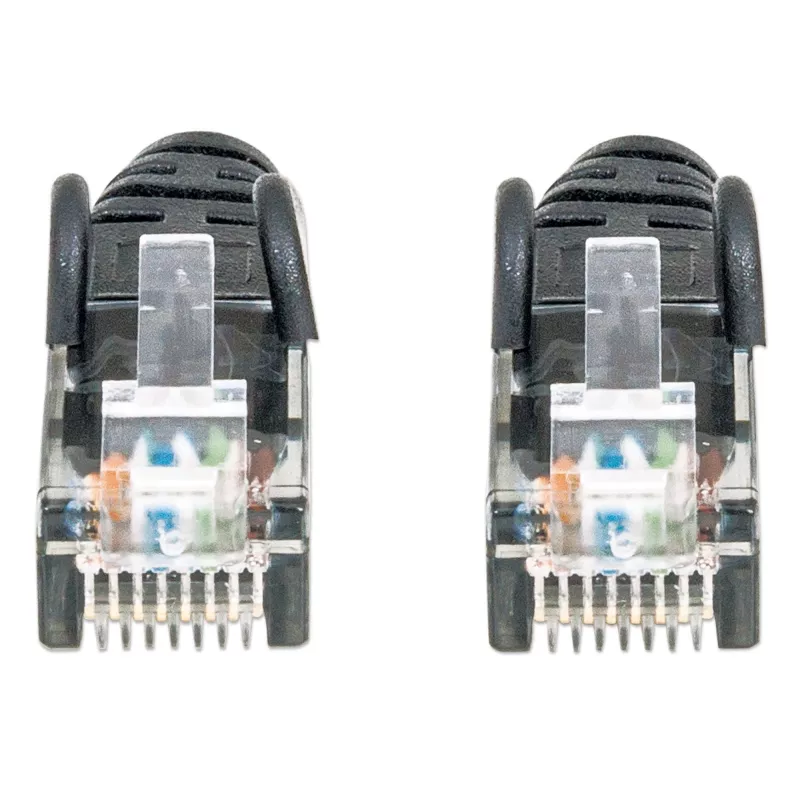 Intellinet tinklo jungiamasis kabelis, Cat6, 1,5 m, juodas, CCA, U/UTP, PVC, RJ45, auksuoti kontaktai, su apsauga nuo užkliuvimo, su batu, garantija visam laikui