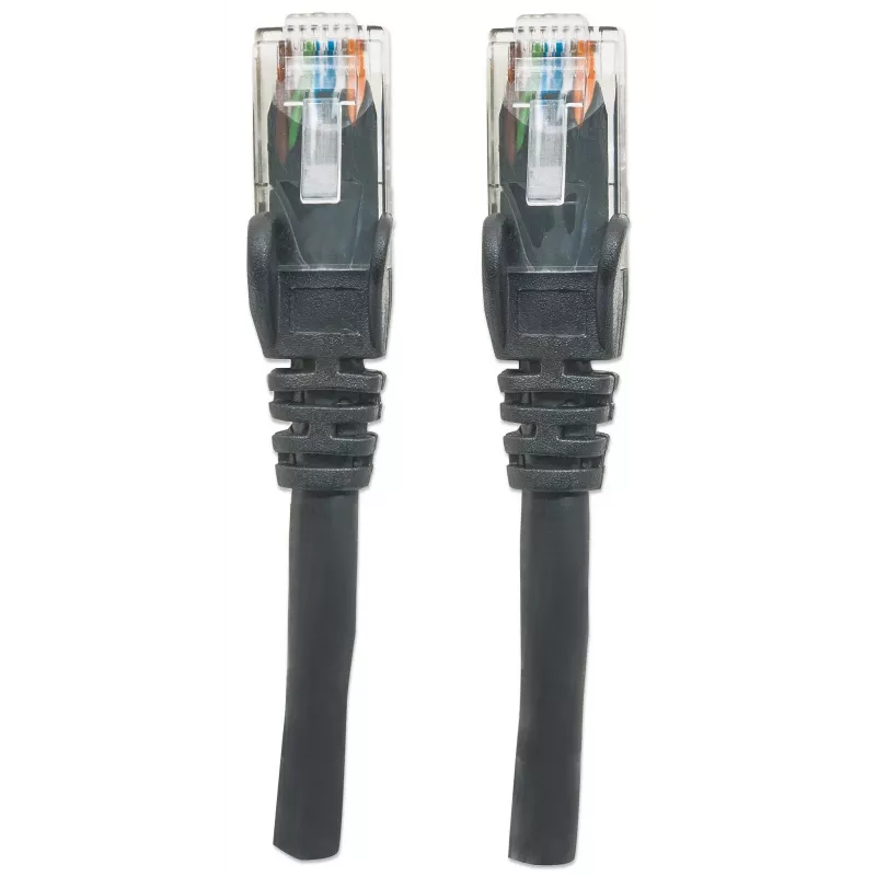 Intellinet tinklo jungiamasis kabelis, Cat6, 1,5 m, juodas, CCA, U/UTP, PVC, RJ45, auksuoti kontaktai, su apsauga nuo užkliuvimo, su batu, garantija visam laikui
