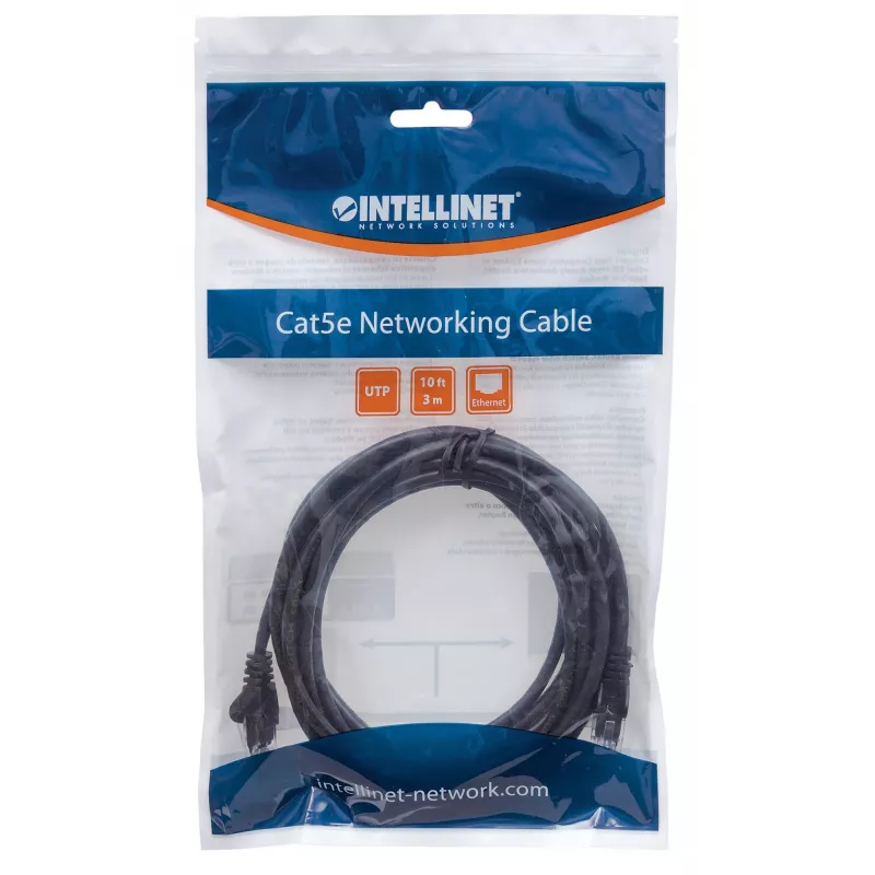 Intellinet tinklo jungiamasis kabelis, Cat6, 1,5 m, juodas, CCA, U/UTP, PVC, RJ45, auksuoti kontaktai, su apsauga nuo užkliuvimo, su batu, garantija visam laikui