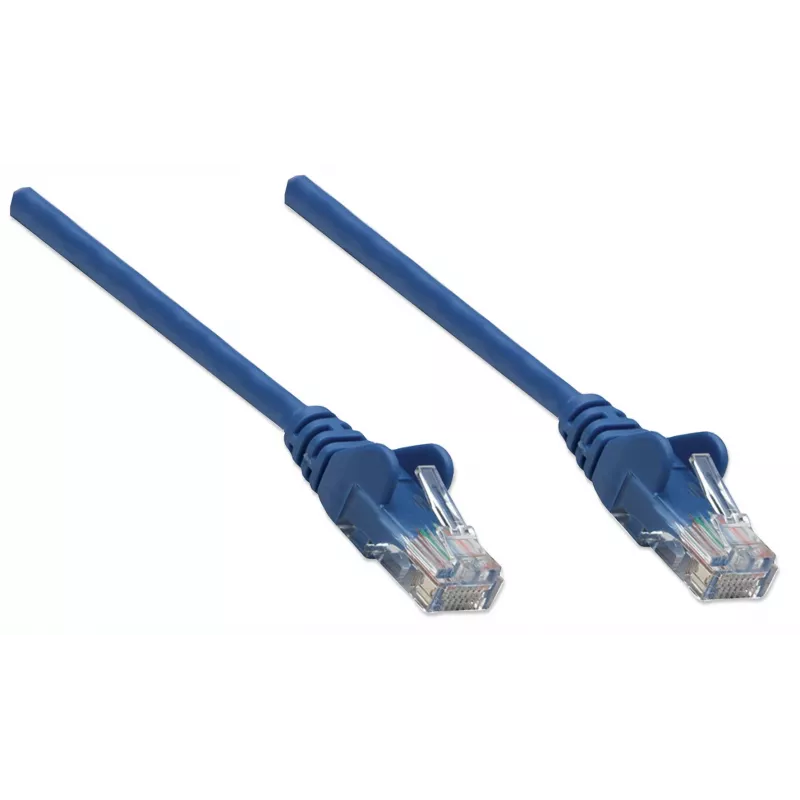 Intellinet tinklo jungiamasis kabelis, Cat6, 1,5 m, mėlynas, CCA, U/UTP, PVC, RJ45, paauksuoti kontaktai, apsaugotas nuo užsikabinimo, su gaubtu, viso gyvenimo garantija