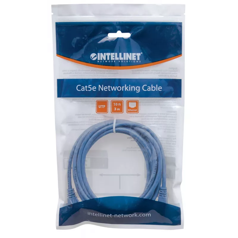 Intellinet tinklo jungiamasis kabelis, Cat6, 1,5 m, mėlynas, CCA, U/UTP, PVC, RJ45, paauksuoti kontaktai, apsaugotas nuo užsikabinimo, su gaubtu, viso gyvenimo garantija
