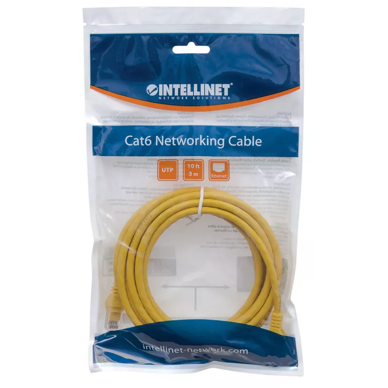 Intellinet tinklo jungiamasis laidas, Cat5e, 3 m, geltonas, CCA, U/UTP, PVC, RJ45, auksuoti kontaktai, su apsauginiu gaubteliu, su įvore, visam laikui garantija