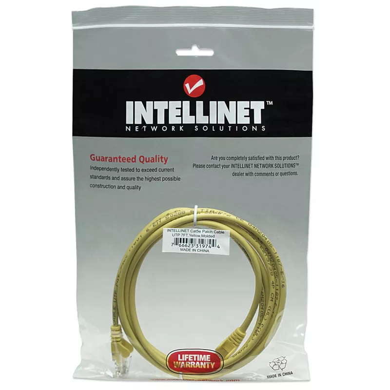 Intellinet tinklo jungiamasis kabelis, Cat5e, 2 m, geltonas, CCA, U/UTP, PVC, RJ45, auksuoti kontaktai, su apsauginiu gaubteliu, su traukos mažinimo elementu, viso gyvenimo garantija