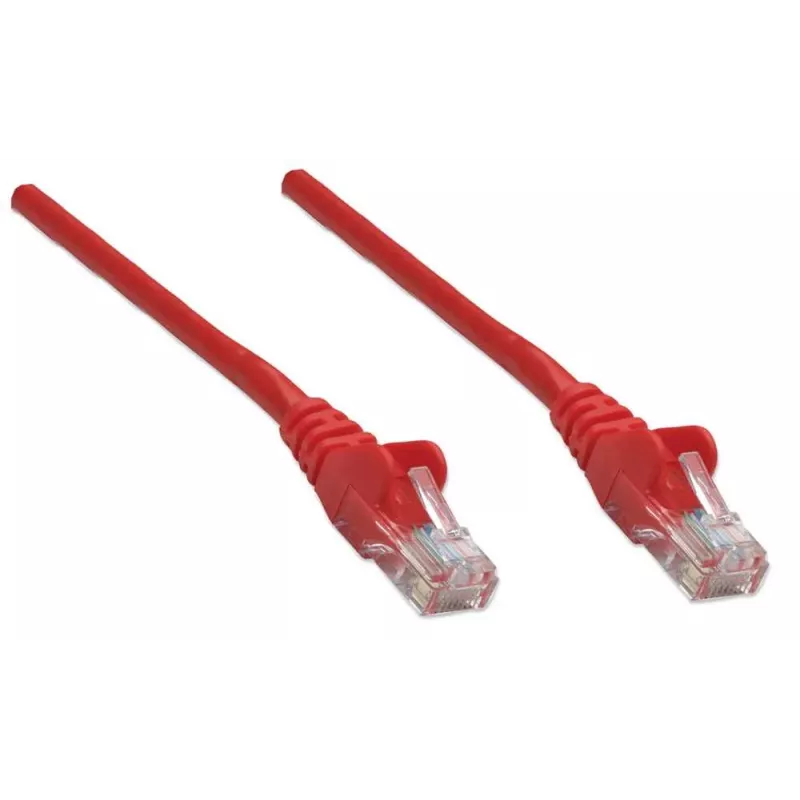 Intellinet tinklo jungiamasis kabelis, Cat5e, 2m, raudonas, CCA, U/UTP, PVC, RJ45, auksuoti kontaktai, su apsauginiu gaubteliu, su įtempimo mažinimo elementu, viso gyvenimo garantija