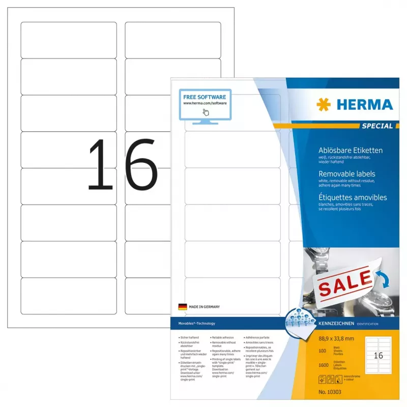 Nuimami lipdukai HERMA 10303 A4 88,9x33,8 mm balti